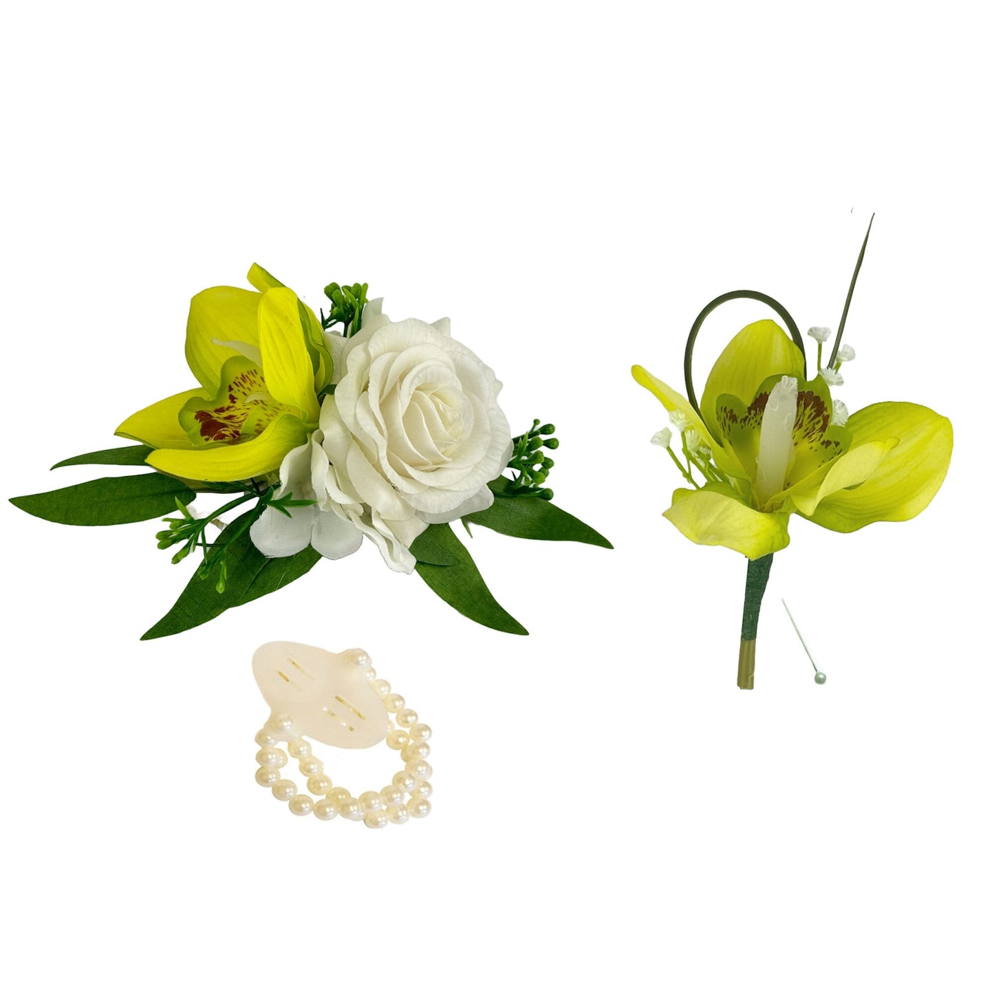 Elegant Real Touch Orchid & White Rose Wedding Corsage and Boutonniere Set