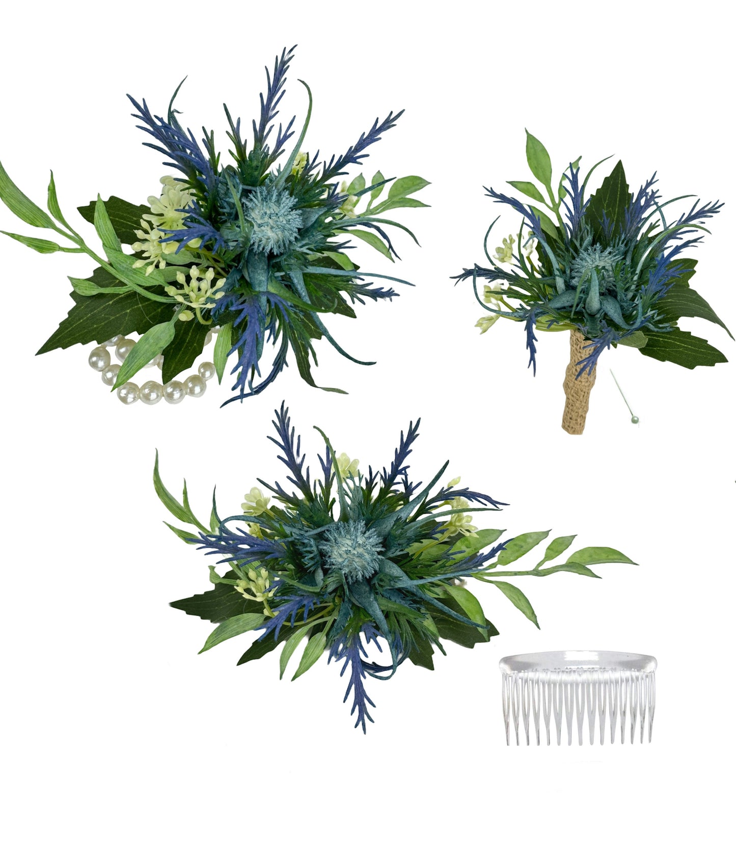 Navy Blue Thistle Artificial Wedding Set - Corsage, Boutonniere & Hair Comb
